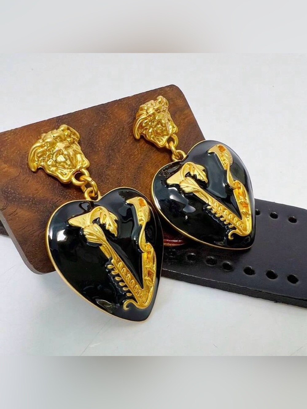 New Arrivals! Gold & Black Heart Medusa Motif Drop Earrings